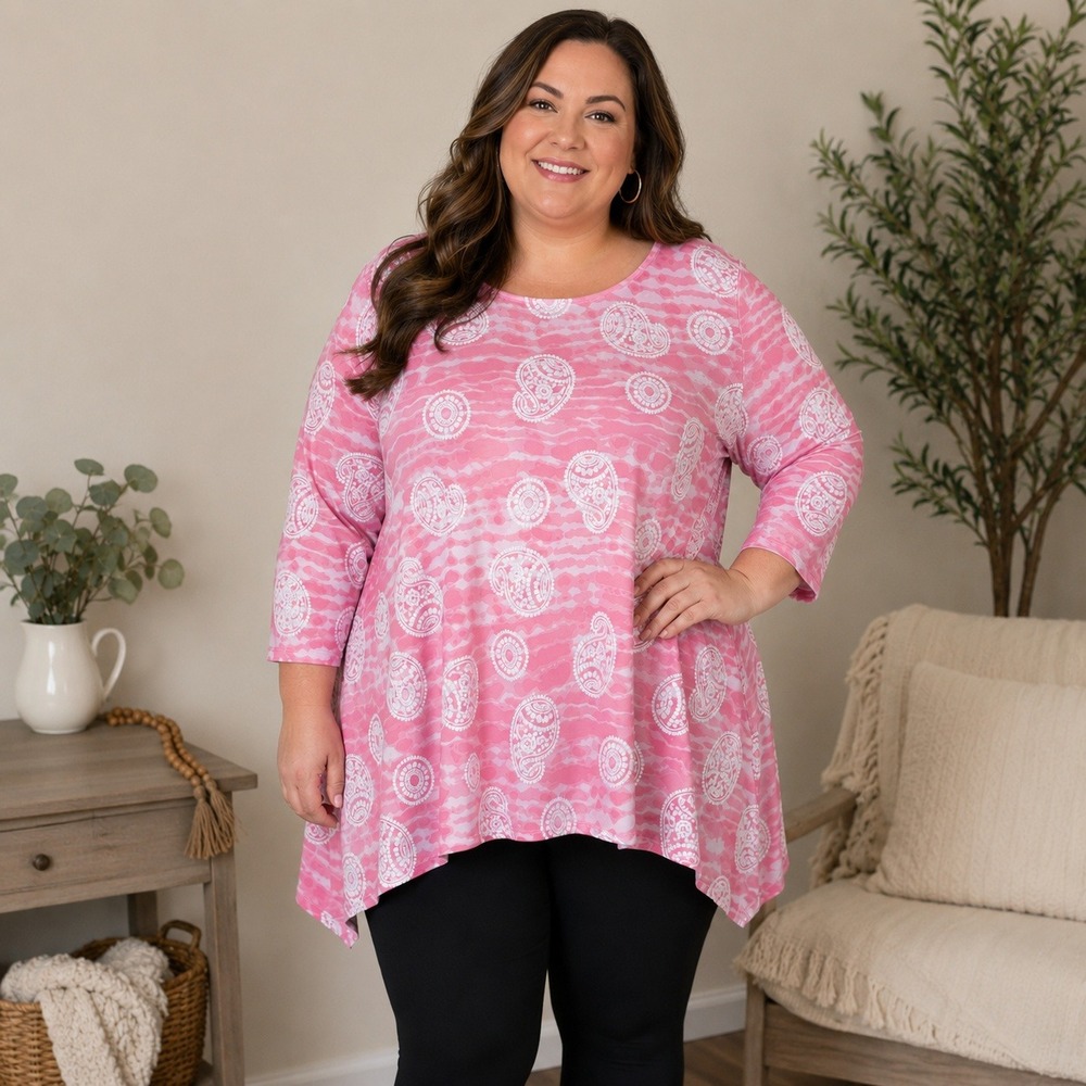 Ruby Rd Fluid Knit Top Women 3X Pink Paisley Tie Dye 3/4 Sleeve Sharkbite Hem